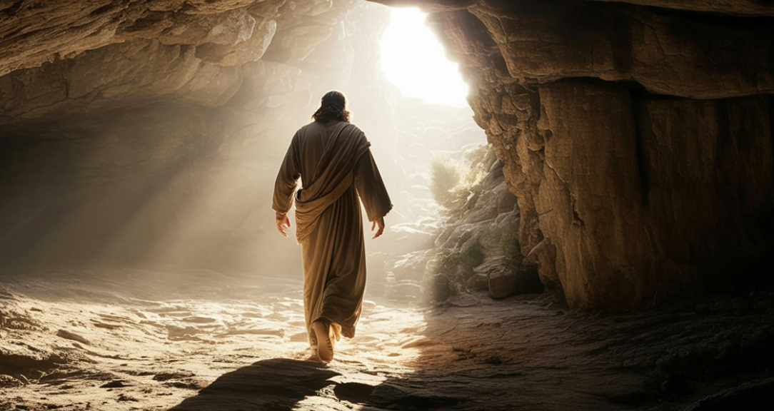 Jesus walking out of the cave
