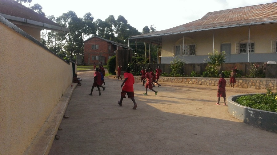 Playing soccer in the courtyard