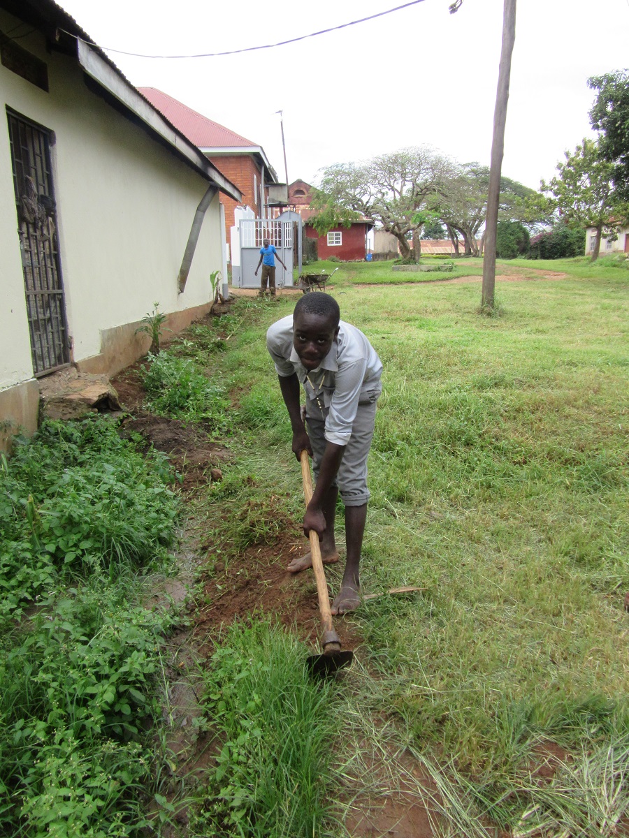 Male teen hoeing grass area.