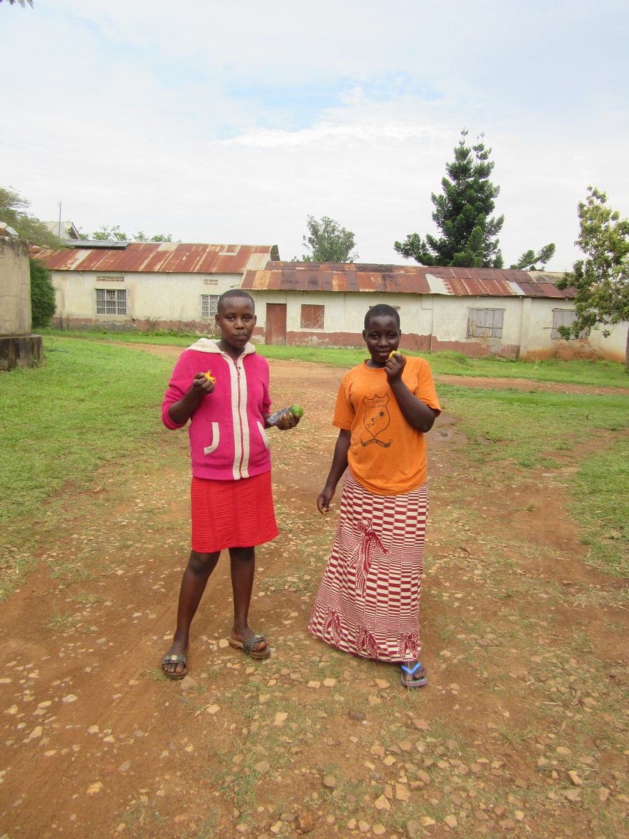 Two teen girls standing and eating mangoes.